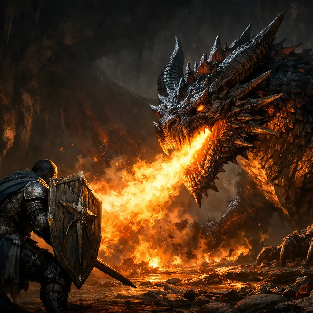 Epický boss Dragon s ohnivým dechem v temné jeskyni