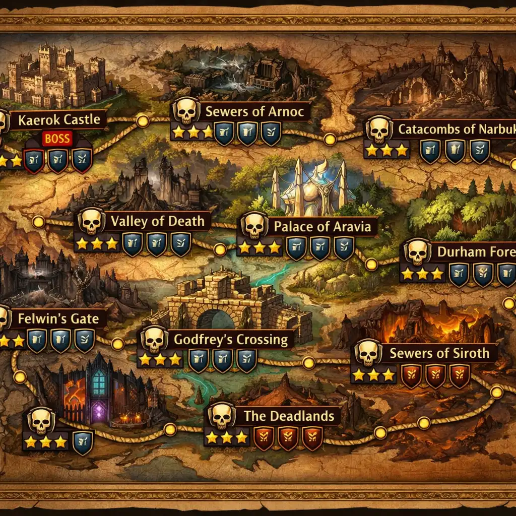 Mapa kampaně na pergamenu s ikonami úrovní