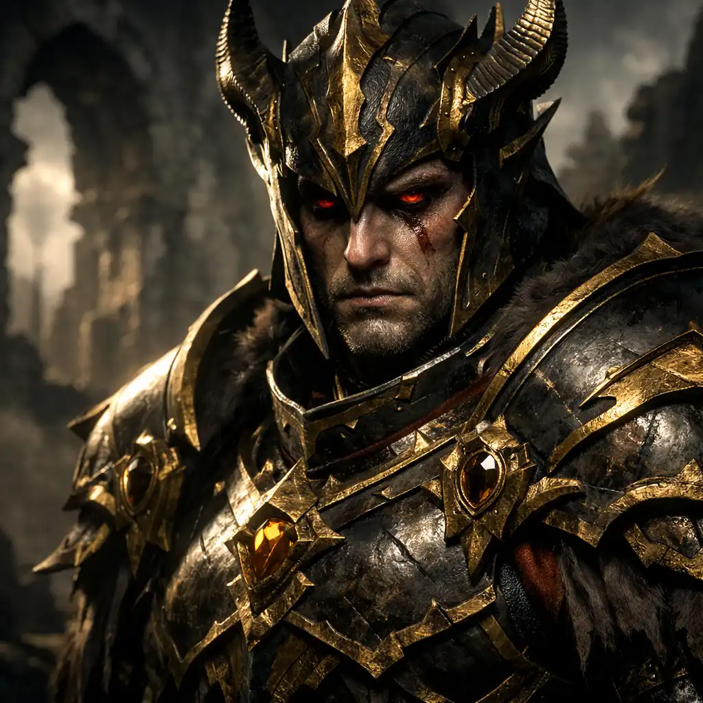 Legendární šampion z RAID: Shadow Legends v temné fantasy krajině