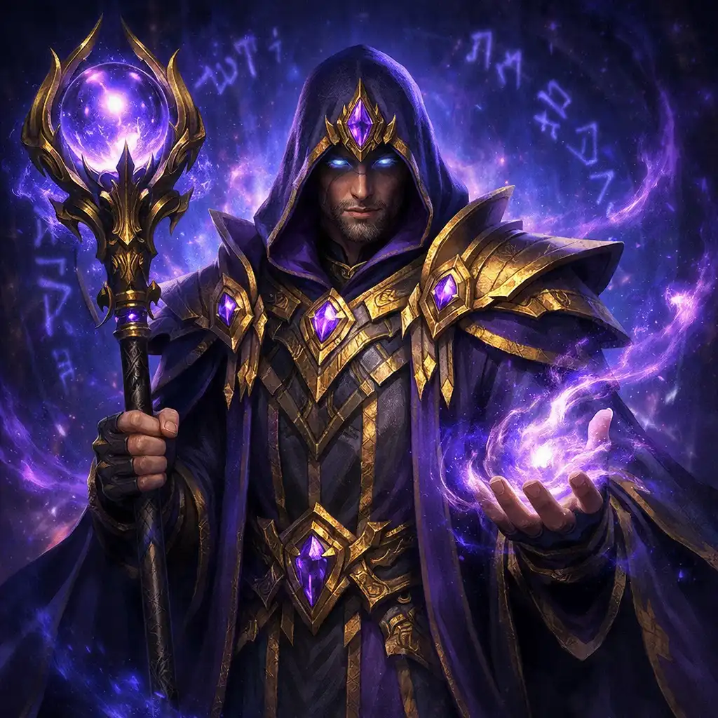 Mág v plášti s holí obklopený magickou aurou