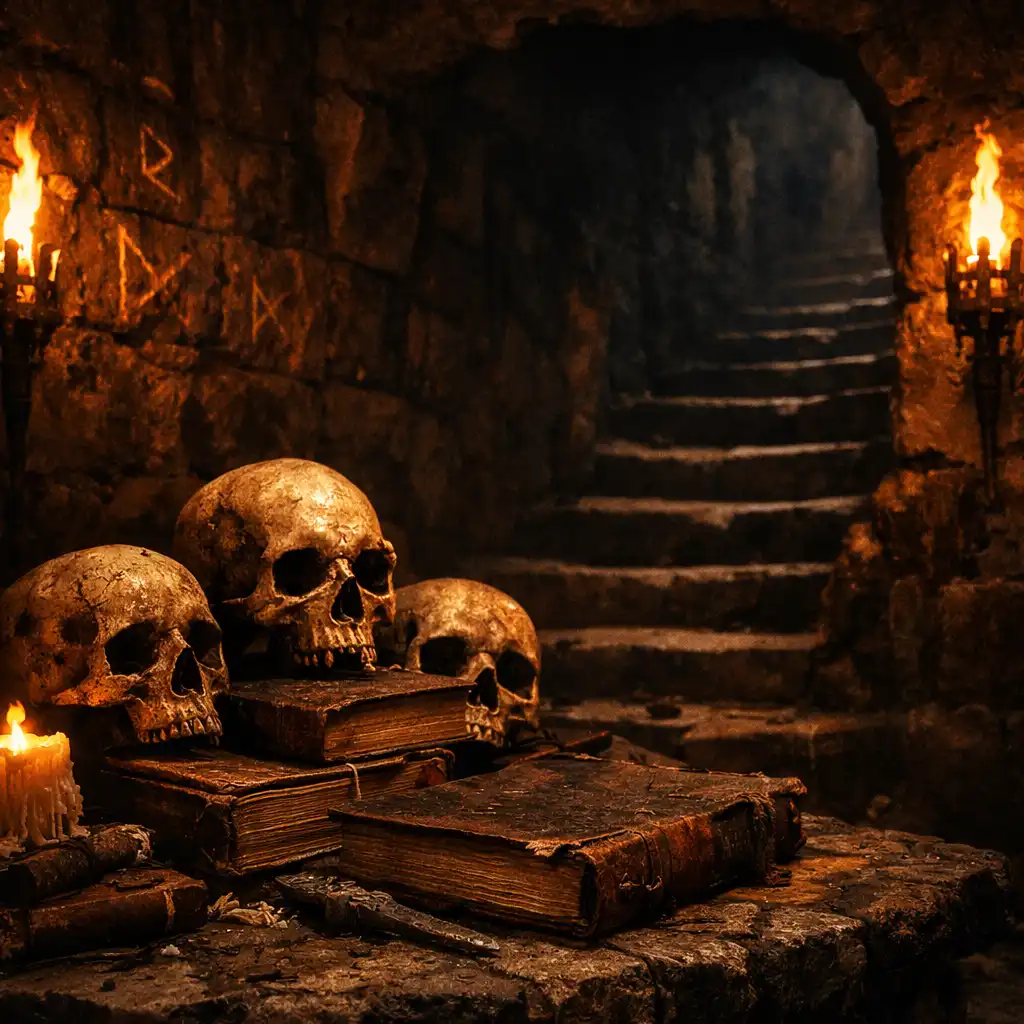 Temný fantasy dungeon s runami a pochodněmi