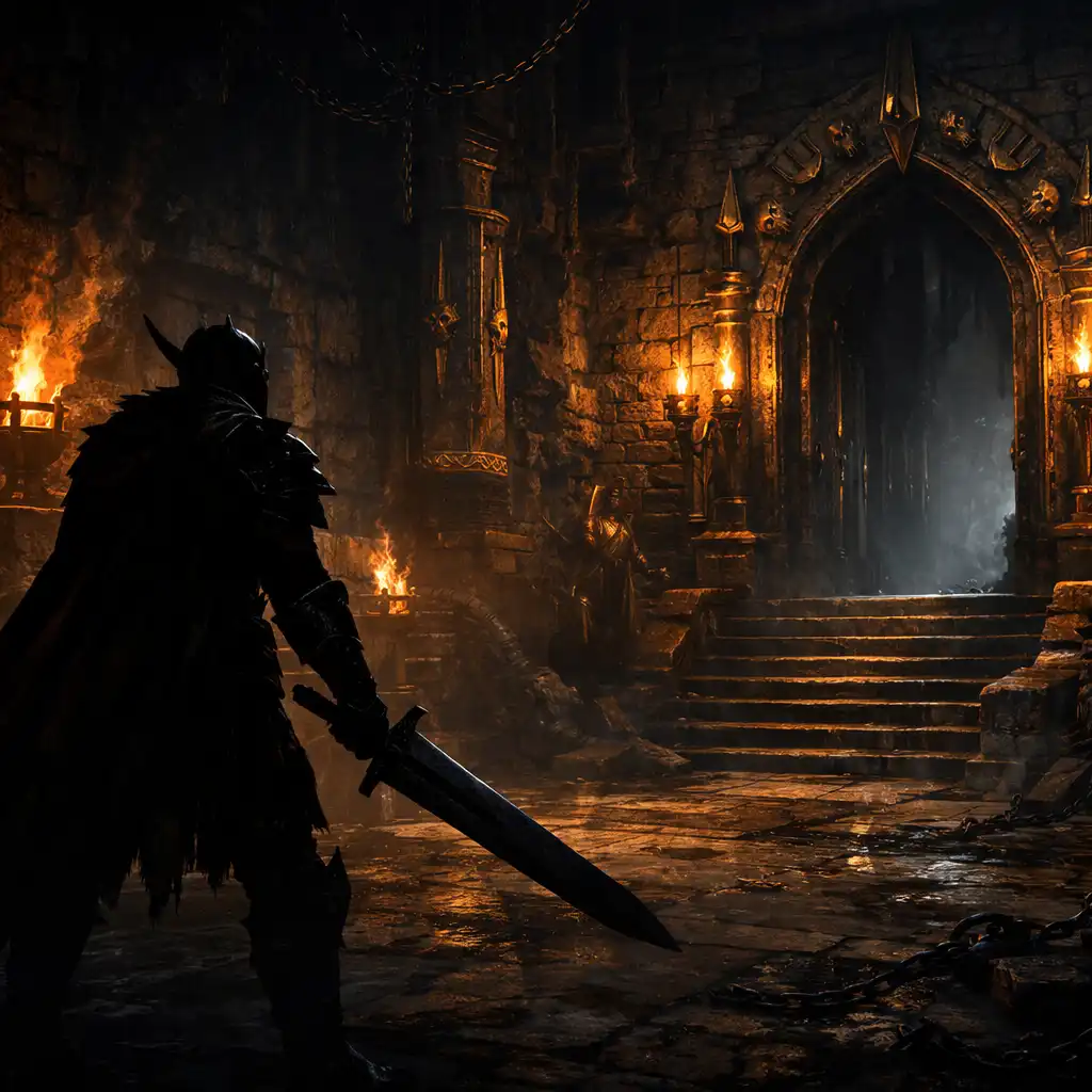 Temný dungeon v RAID: Shadow Legends s pochodněmi a siluetou šampiona