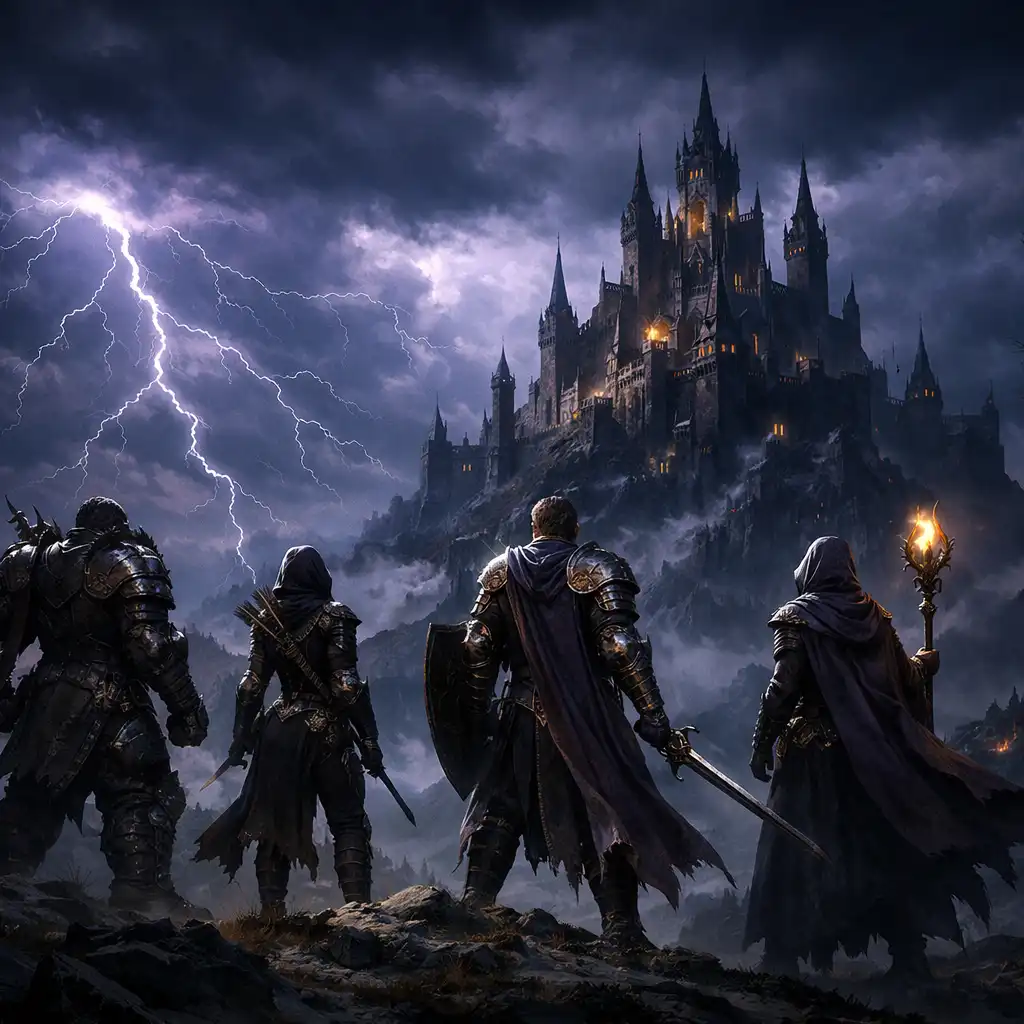 Skupina hrdinů RAID: Shadow Legends na vrcholu kopce s temným hradem v pozadí