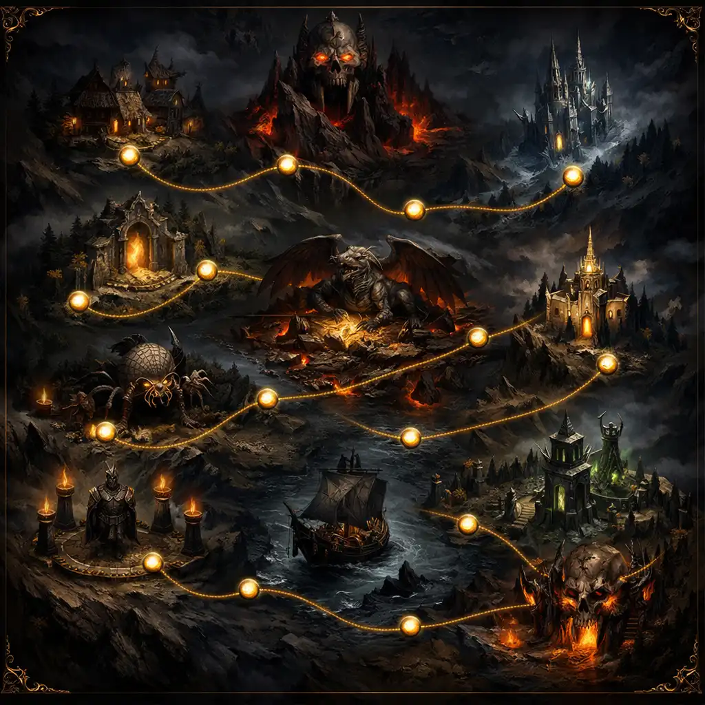 Mapa kampaně v RAID: Shadow Legends ukazující kapitoly a postup