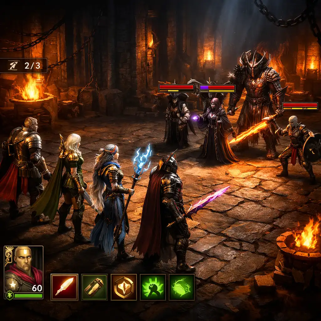 Tahová bitva v RAID: Shadow Legends s šampiony seřazenými proti nepřátelům v temném dungeonu