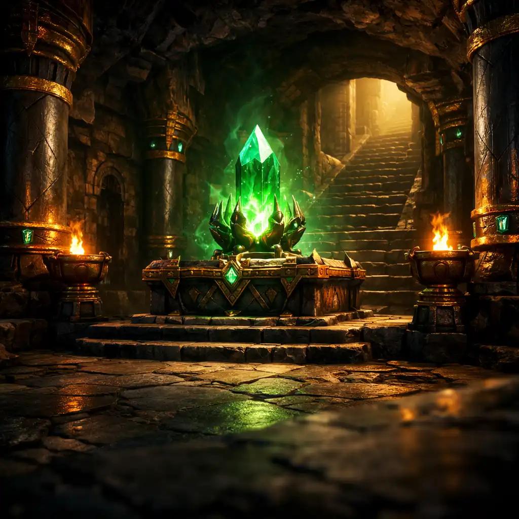 Interiér kobky s kamennými sloupy, oltářem a magickým krystalem
