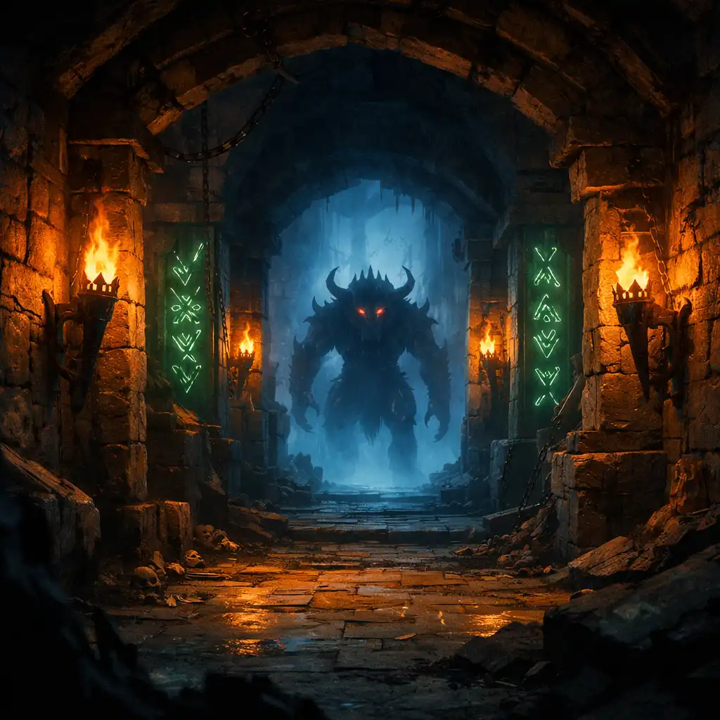 Atmosférický pohled na temný dungeon s ruinami a tajemným osvětlením