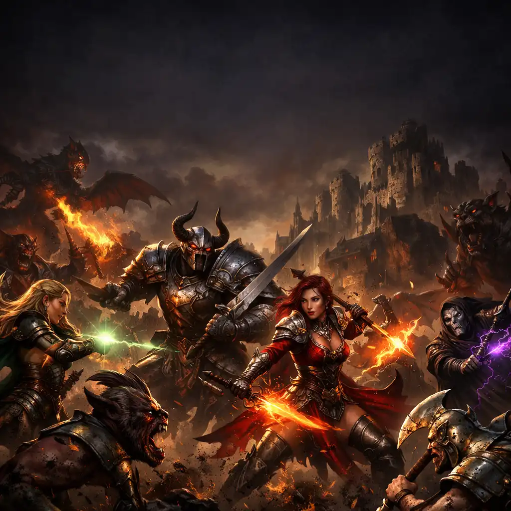 Epická bitevní scéna ze hry RAID: Shadow Legends s šampiony bojujícími proti démonickým nepřátelům