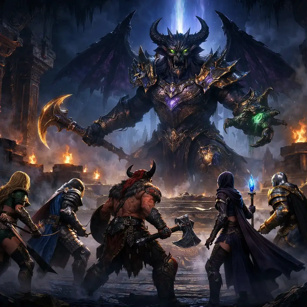 Dramatický screenshot z RAID: Shadow Legends zobrazující bitvu šampionů proti monstróznímu bossovi v ruinách chrámu