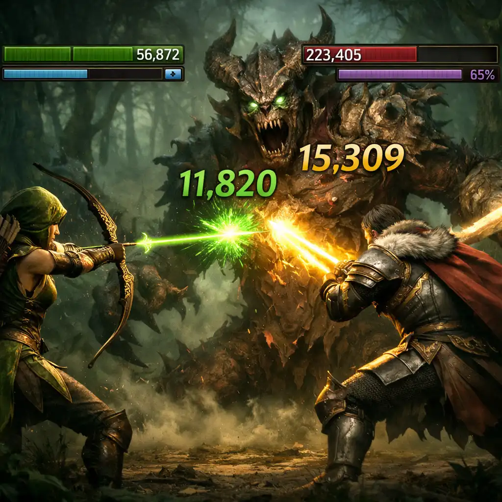 Detailní záběr tahového souboje v RAID: Shadow Legends s ukazateli zdraví a energie