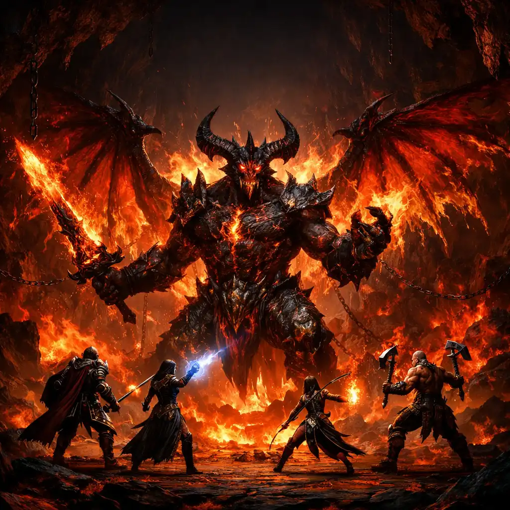 Souboj s bossem v RAID: Shadow Legends, obří démon s ohnivými křídly proti týmu hrdinů