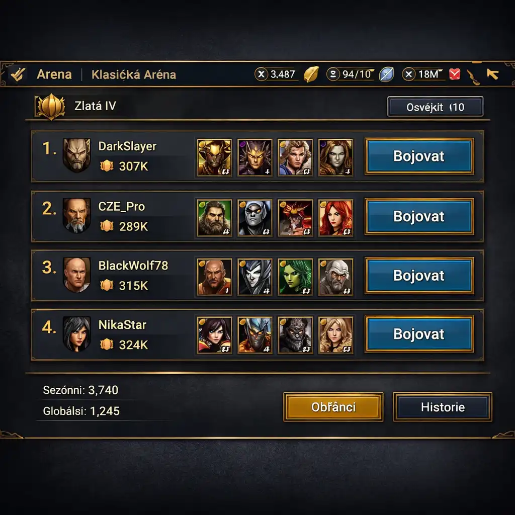 Rozhraní PvP arény v RAID: Shadow Legends s žebříčkem hráčů a portréty šampionů