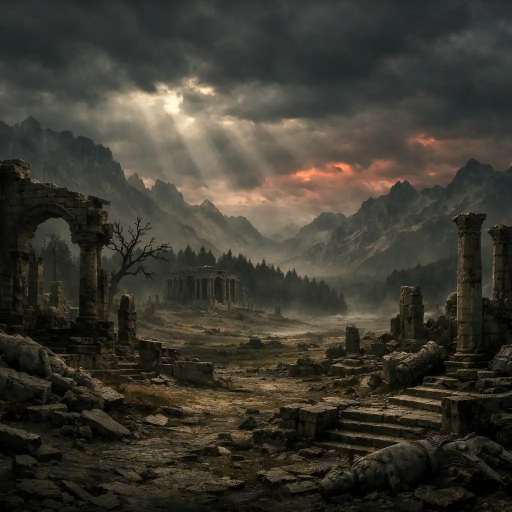 Krajina temného fantasy světa Teleria s ruinami a temným lesem